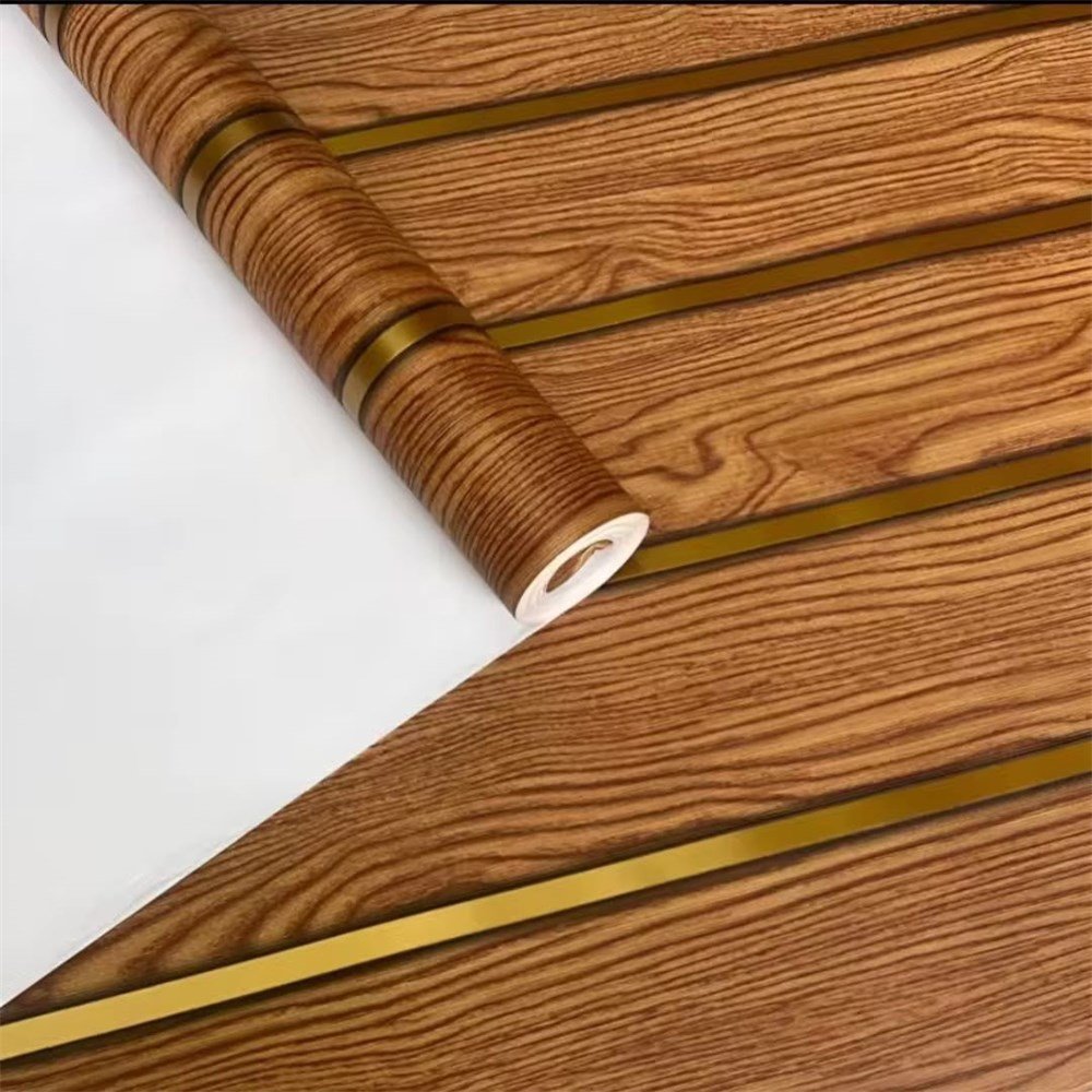 Brown Wood Grain Wallpaper with Gold Stripe, Self-Adhesive
