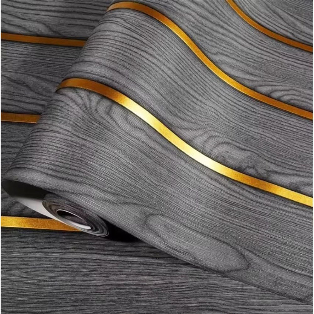Grey Wood Grain Wallpaper with Gold Stripe, Self-Adhesive