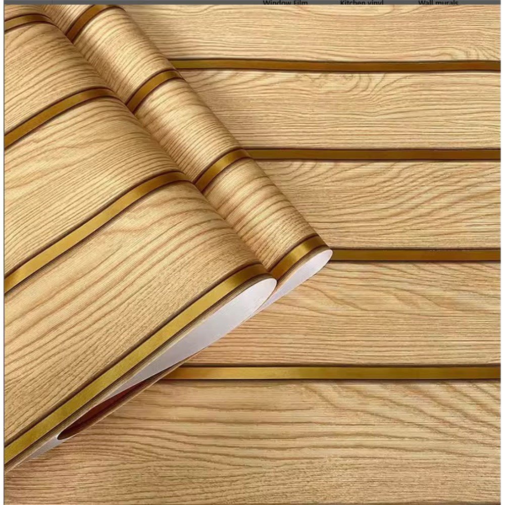 Light Oak Wood Grain Wallpaper with Gold Stripe, Self-Adhesive - view 2