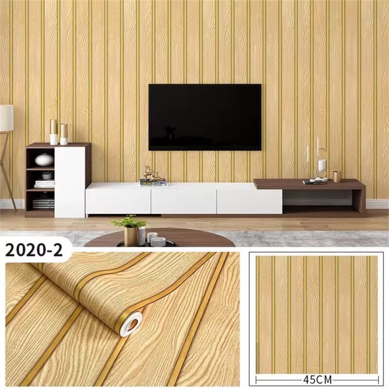 Light Oak Wood Grain Wallpaper with Gold Stripe, Self-Adhesive