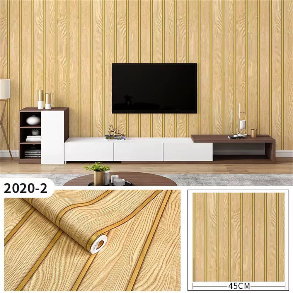 Light Oak Wood Grain Wallpaper with Gold Stripe, Self-Adhesive
